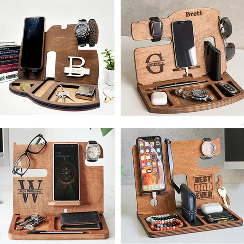 Organizer da comodino multifunzione in legno Docking Station per telefono in legno portachiavi portafoglio Stand orologio Organizer regali di san valentino
