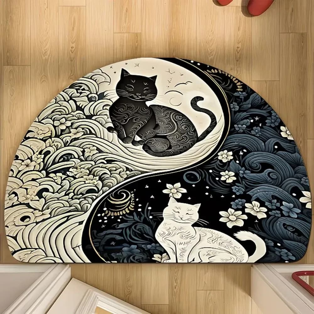 Tappetino Semicircolare con Gatti Bianchi e Neri, Tappeto d'Ingresso Antiscivolo, Zerbino a Mezzaluna, Tappeto Decorativo per Pavimento
