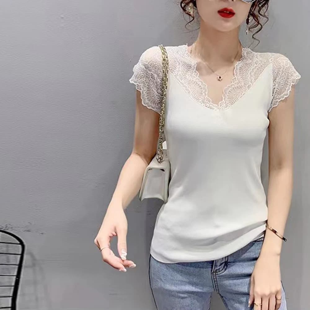 T-shirt elastica con colletto in pizzo a fiori T-shirt da donna nera S-3XL Camicie elasticizzate in maglia Ragazza con scollo a V Manica corta Top Abbigliamento da donna da ufficio