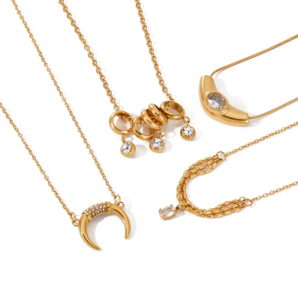 Fashion 18K Gold Color Plated Stainless Steel Round White Rhinestone Pendant Necklace for Women Jewelry Accessory Gift