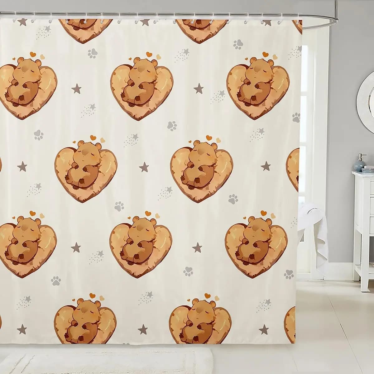 Tenda da doccia in tessuto capibara cartone animato, tende da doccia per roditori carini per bagno Kawaii Star Pet Beaver Amanti degli animali Decor