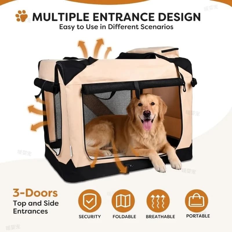 3 Door Soft Sided Dog Kennel Folding Travel Pet Car Carrier with Straps Mat Universal Dog Crates Kennel for Dogs Cats Rabbits