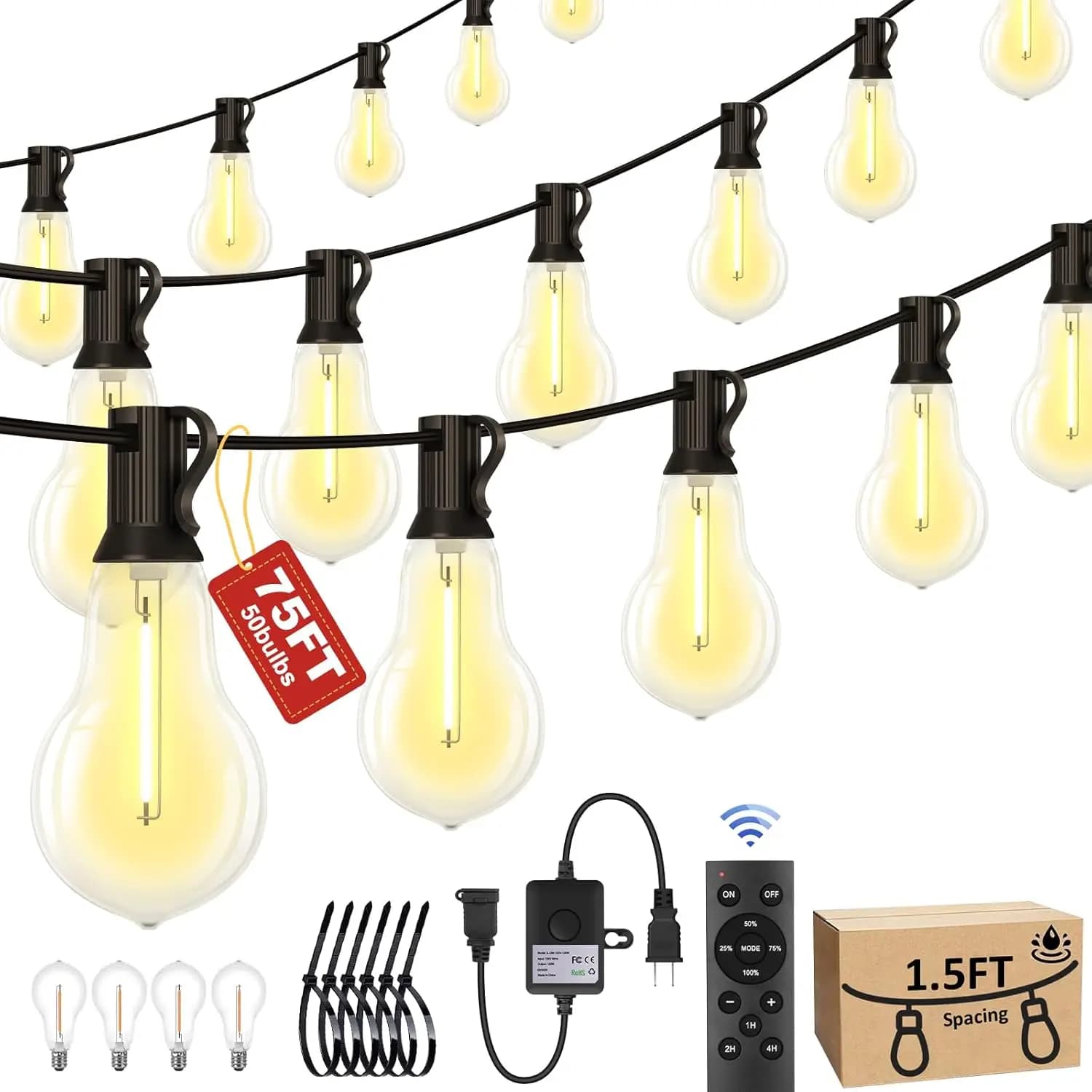 Luci a Corda Impermeabili da Esterno 75FT con Telecomando, Dimmer e 50+4 Lampadine per Patio, Uso Commerciale