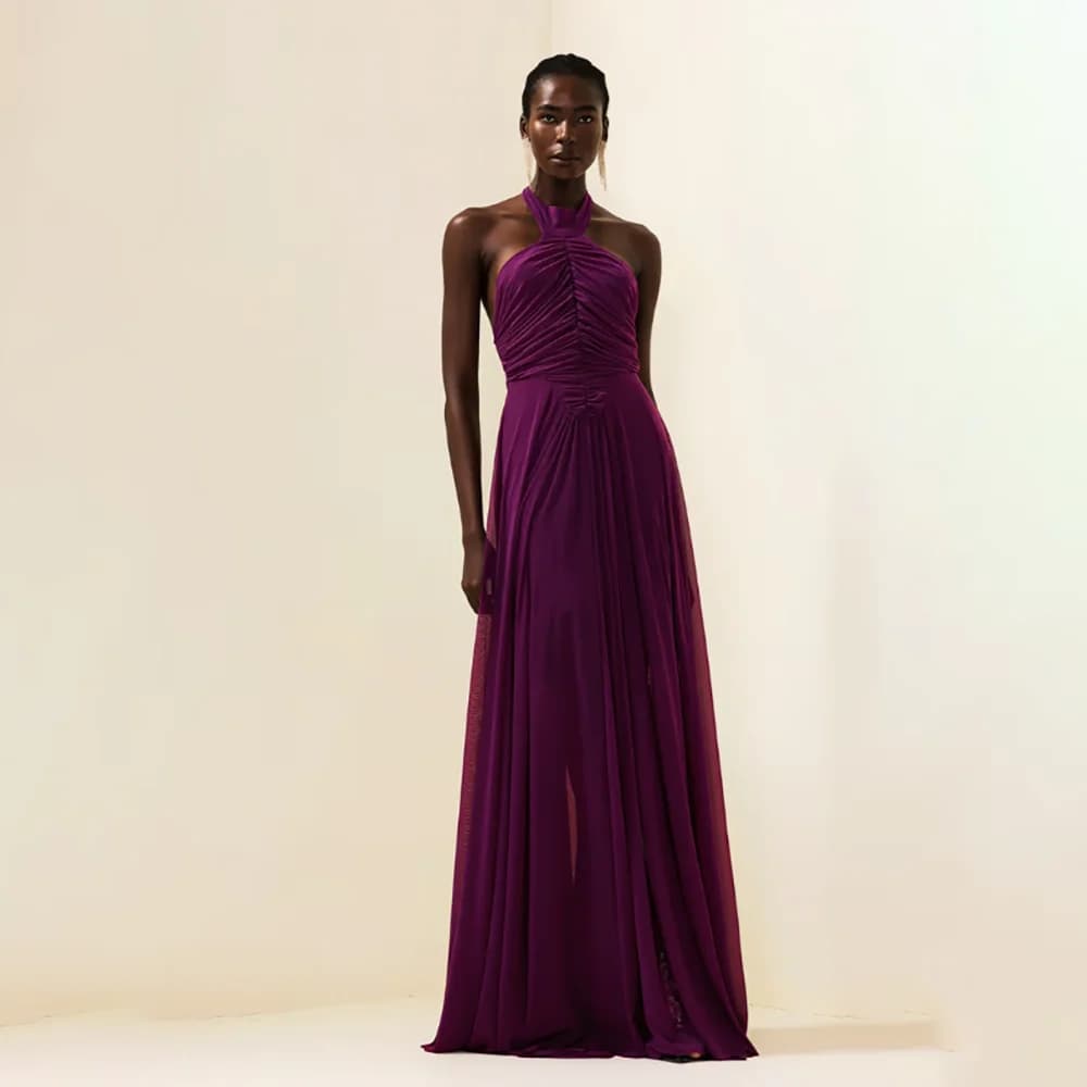 Abiti da Sera Formali da Donna in Chiffon con Collo Halter e Pieghe, Eleganti Vestiti da Cerimonia per Occasioni Formali