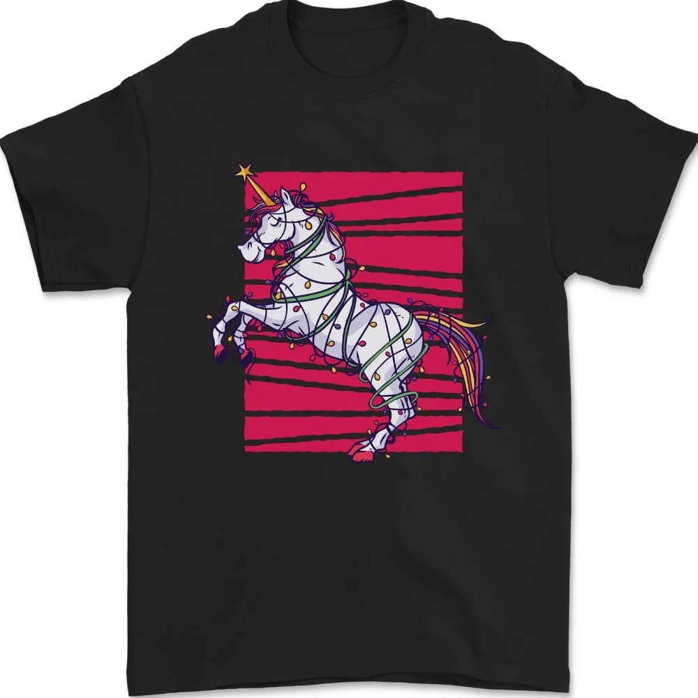 T-shirt con unicorno natalizio in lucine natalizie, design unico, maglietta stampata, uomo, donna, girocollo alla moda, in cotone, manica corta
