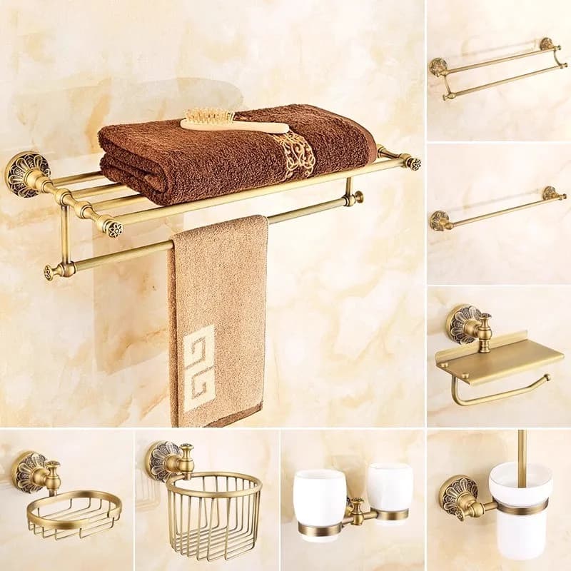 Brass Carved Toilet Brush Bathroom Shelf Antique Paper HolderTowel Bar Soap Holder Towel Rack Towel Hook Bathroom Hardware