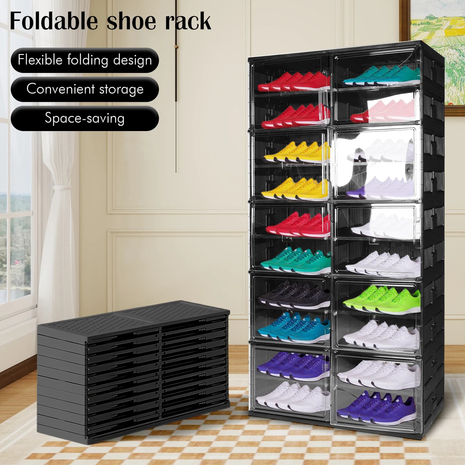 10 Level Folding Shoe for 40 Paia with Transparent Magnetic Door, Space Storage Container for Shoes, Removable Plastic Shoe