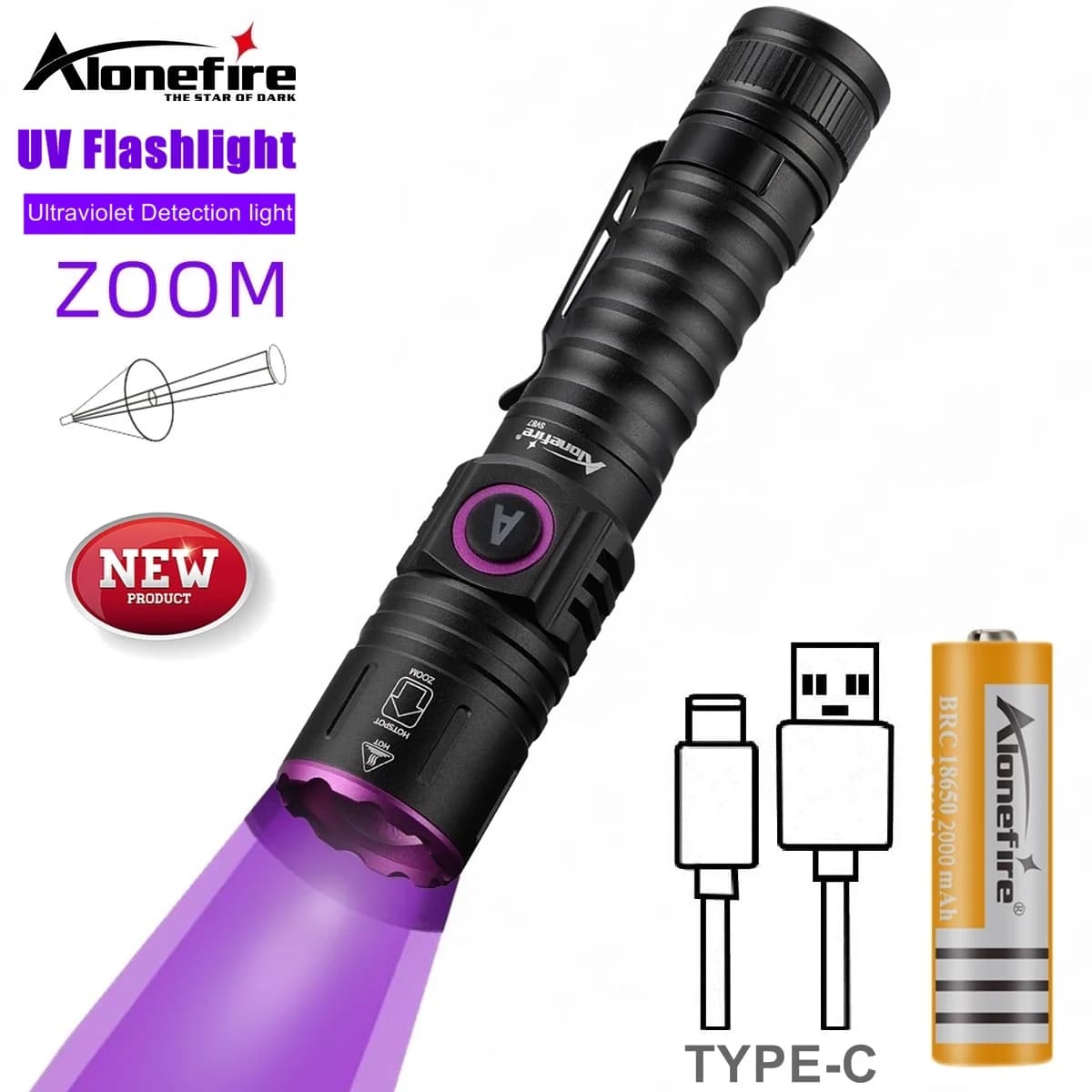 Zoom UV 365nm/395nm Torcia LED Ad Alta Luminosità Bellezza Del Chiodo Gatto Cane Urina Tinea Minerale Denaro Invisibile Marker Scorpione Torcia Luce
