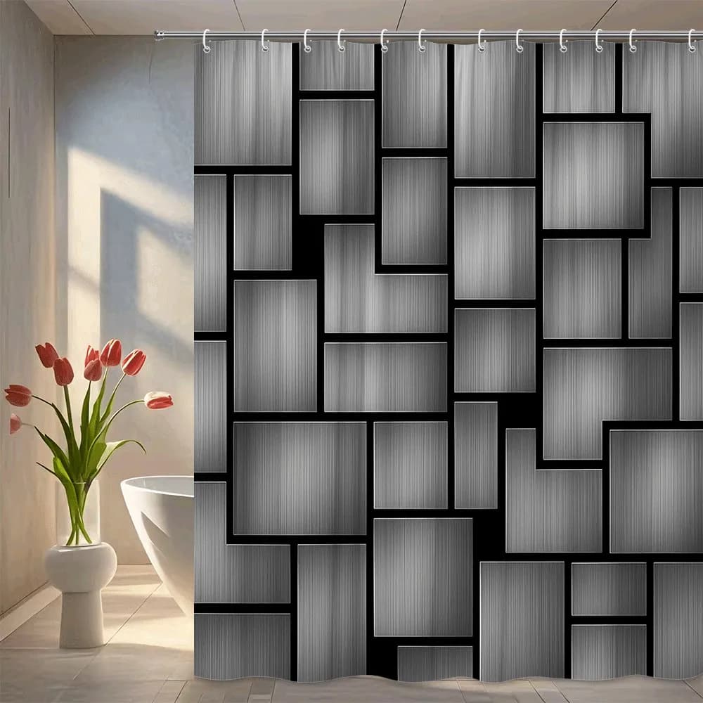 Tenda da doccia moderna con motivo geometrico in metallo, blocchi neri e argento, design in stile industriale, decorazione per il bagno, impermeabile