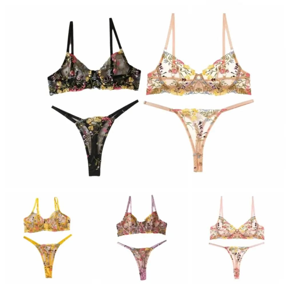 Sheer Intimates Transparent Lingerie Set Push Up Ultra-thin Embroidery Floral Underwear Elegant Panties Bra Set Women