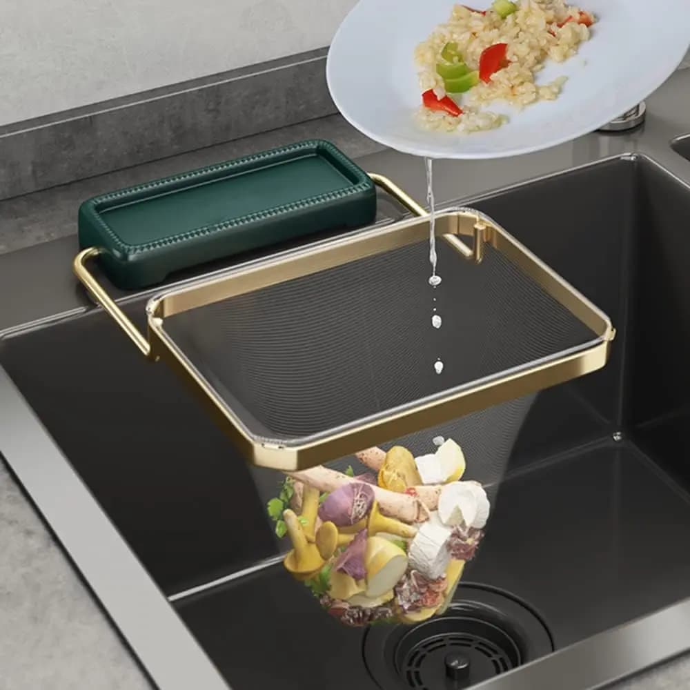 Filtro sospeso per lavello da cucina, supporto pieghevole per cestello per filtro per rifiuti alimentari con sacchetti per filtro per lavello, rete per filtro angolare per lavello Ba
