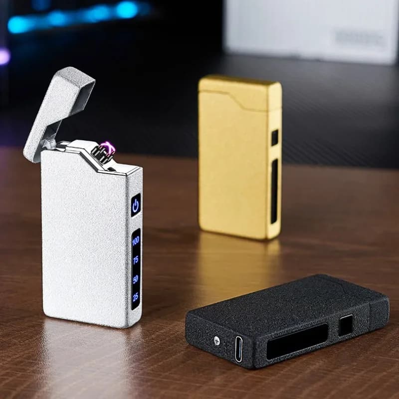 Accendino elettrico a doppio arco elettrico antivento senza fiamma in metallo Accessori per fumatori ad alta potenza Accendini per sigarette con display a LED con ricarica USB