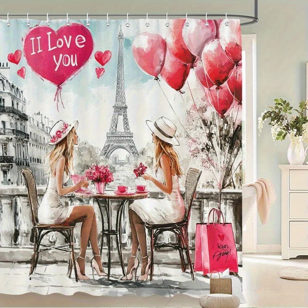 Romantic Paris Cityscape Shower Curtain Polyester Digital Printing Water‑color Painting of Two Ladies Having Coffee Eiffel Tower