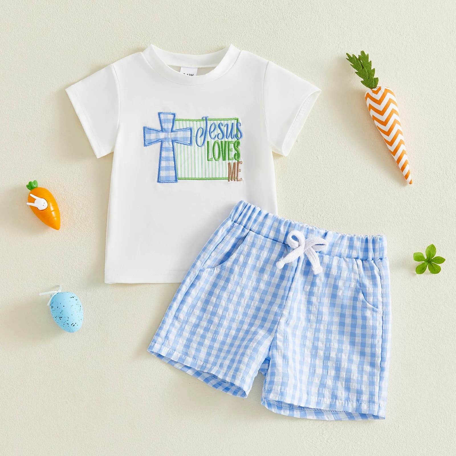 Set di 2 vestiti pasquali per neonato, camicia a maniche corte con ricamo a croce e pantaloncini a quadri con elastico in vita per bambino