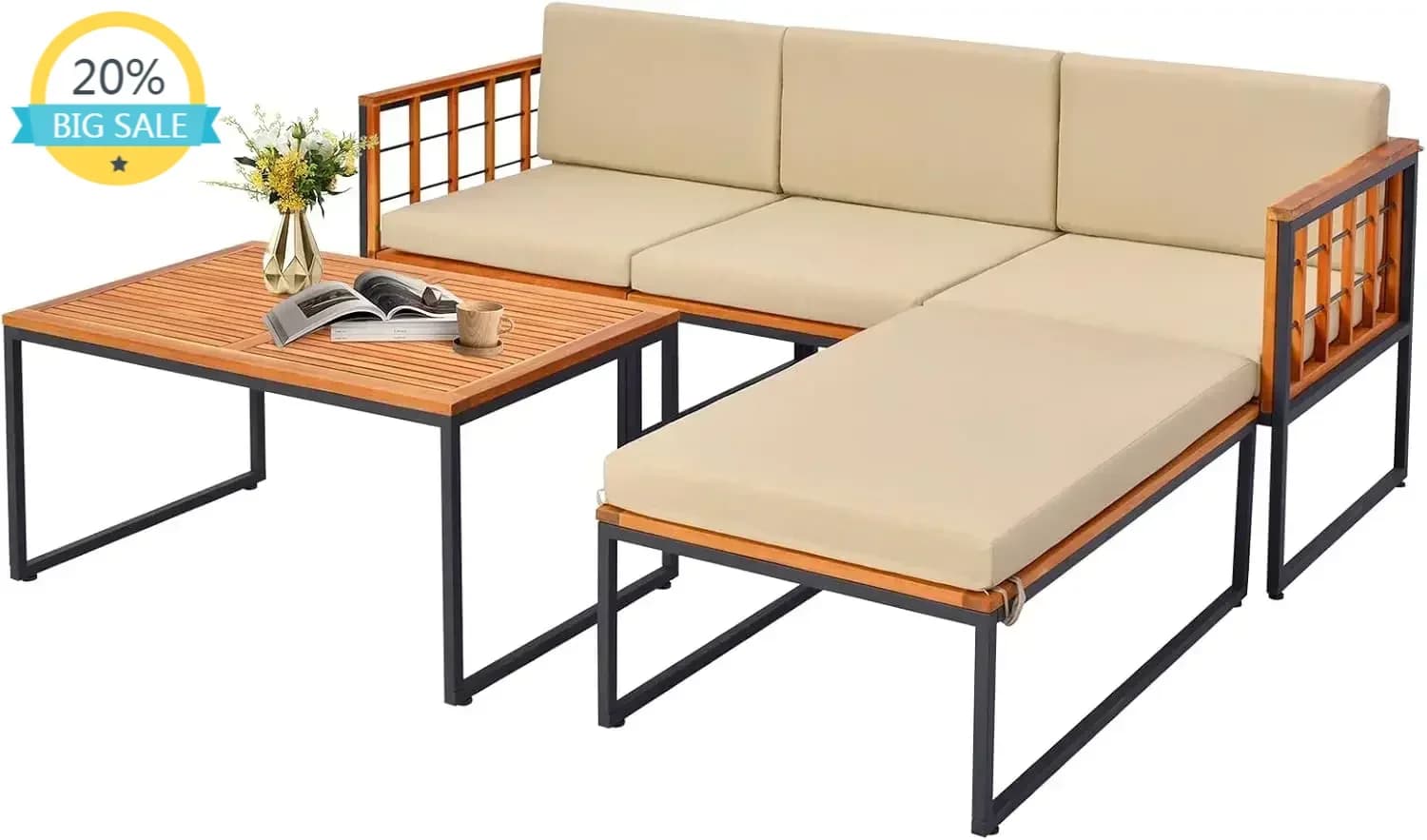 Bestseller Garden Furniture Set in 5 Pieces, Componable Set in Acacia Wood, Seats and Back Upholsteries, Set of Outdoor Chairs in Wood