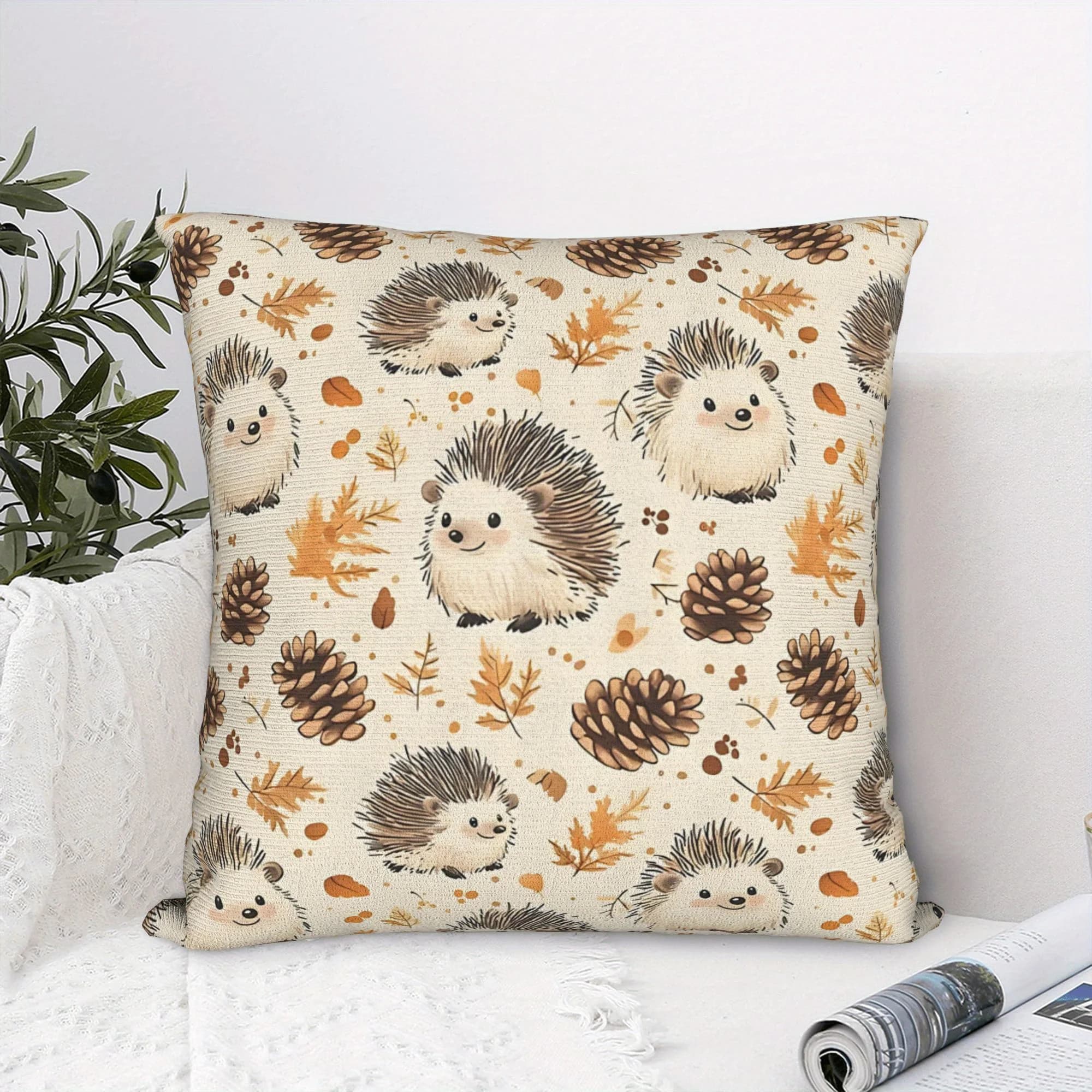 Hedgehog and Pinecone Double-Sided Pillowcase, Autumn Harvest Nature Cushion Cover with Zipper, Washable Decor Case
