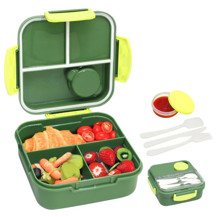 1400ml 3 Grids Bento Box Leakproof Lunch Food Storage with Sauce Box and Tableware Office School for Kitchen Plastic Lunch Box