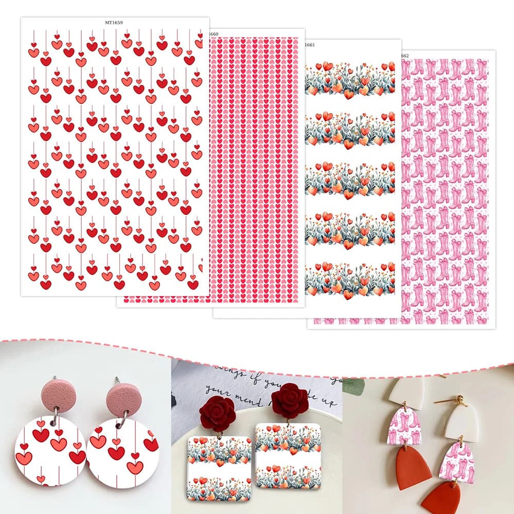 Valentine Themed Polymer Clay Transfer Paper Red Heart Tulip Designs Soluble Disposable Paper for DIY Jewelry & Craft Projects