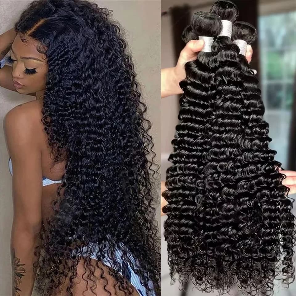 Extensions of human hair ricci a deep wave from 8-30 inches, 2, 3 or 4 bundles, in Brazilian virgin hair Remy untreated, with water wave