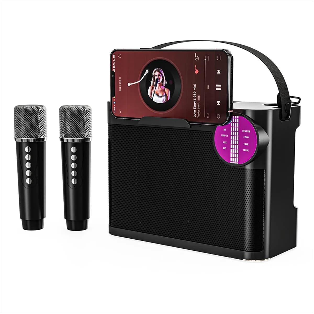 Nuovo potente altoparlante Bluetooth portatile senza fili con doppi microfoni Subwoofer per karaoke per feste in famiglia stereo Hifi con supporto per cellulare