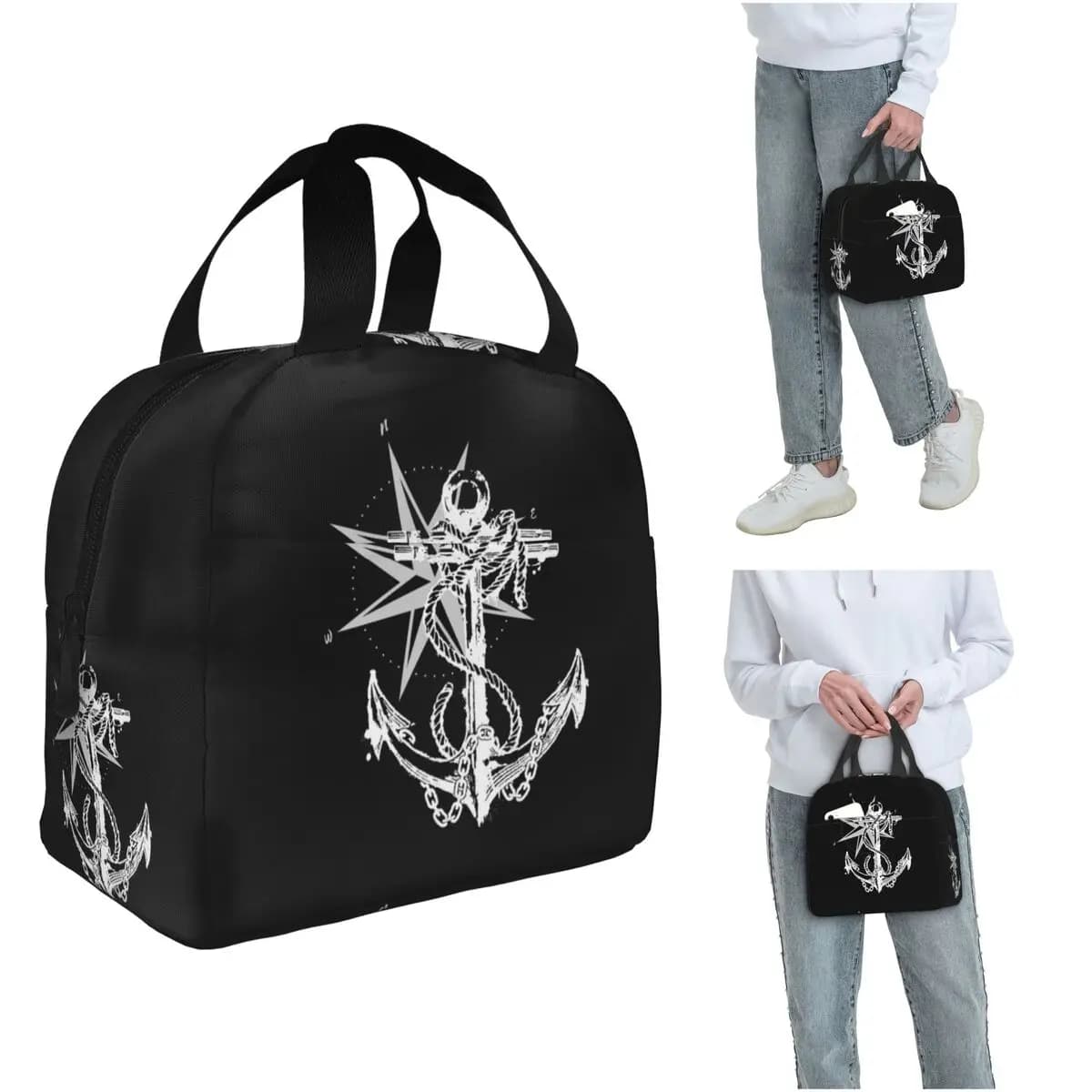 Borsa termica per il pranzo con bussola nautica, ancora da capitano e barca, per donne e bambini, contenitore portatile per alimenti, borsa termica per il pranzo