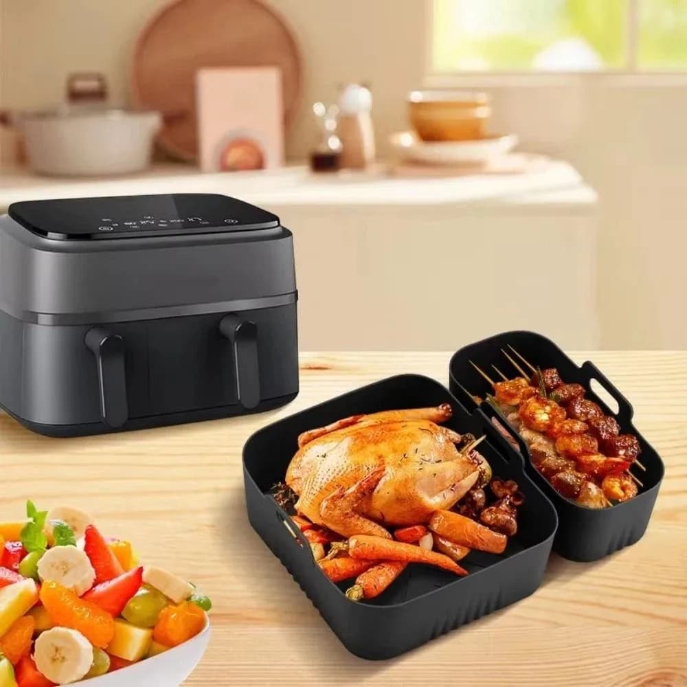 6L/3L Air Fryer Liner Non-Stick Rectangle Dual Basket Baking Tray Reusable Dual Basket Use Air Fryer Silicone Pot Baking Liners