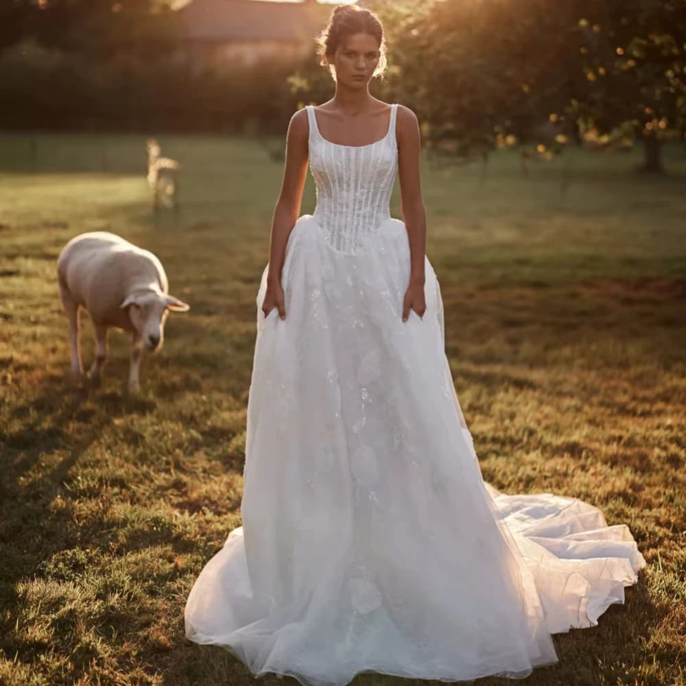 Customized Glamorous Lace Beaded A-line Wedding Dress Modest Square Neck Bridal Gown 2026 Dreamy Floor-length Bridal Gown