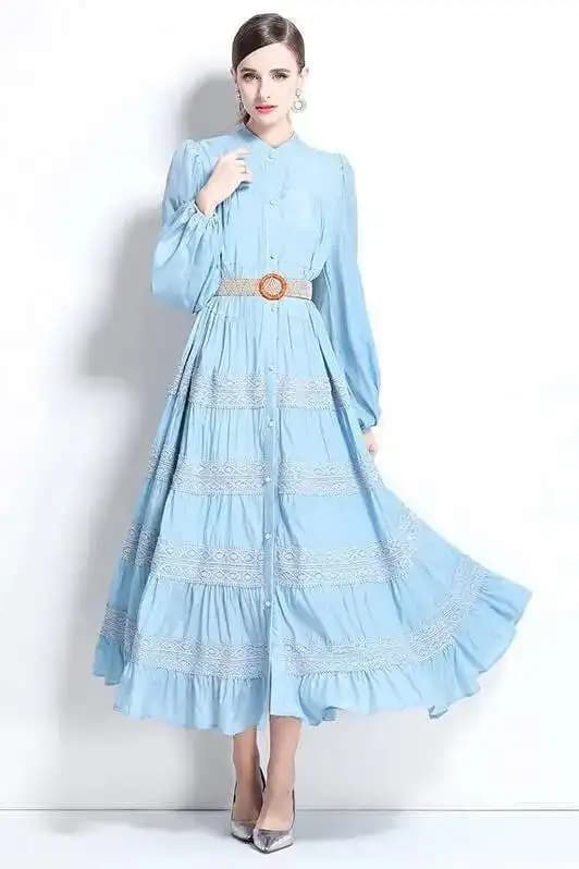 Camicia elegante da donna Camicia estiva autunnale Cintura a maniche lunghe Pieghettato Ricamo in pizzo a righe Maxi abito da sera Abiti da festa