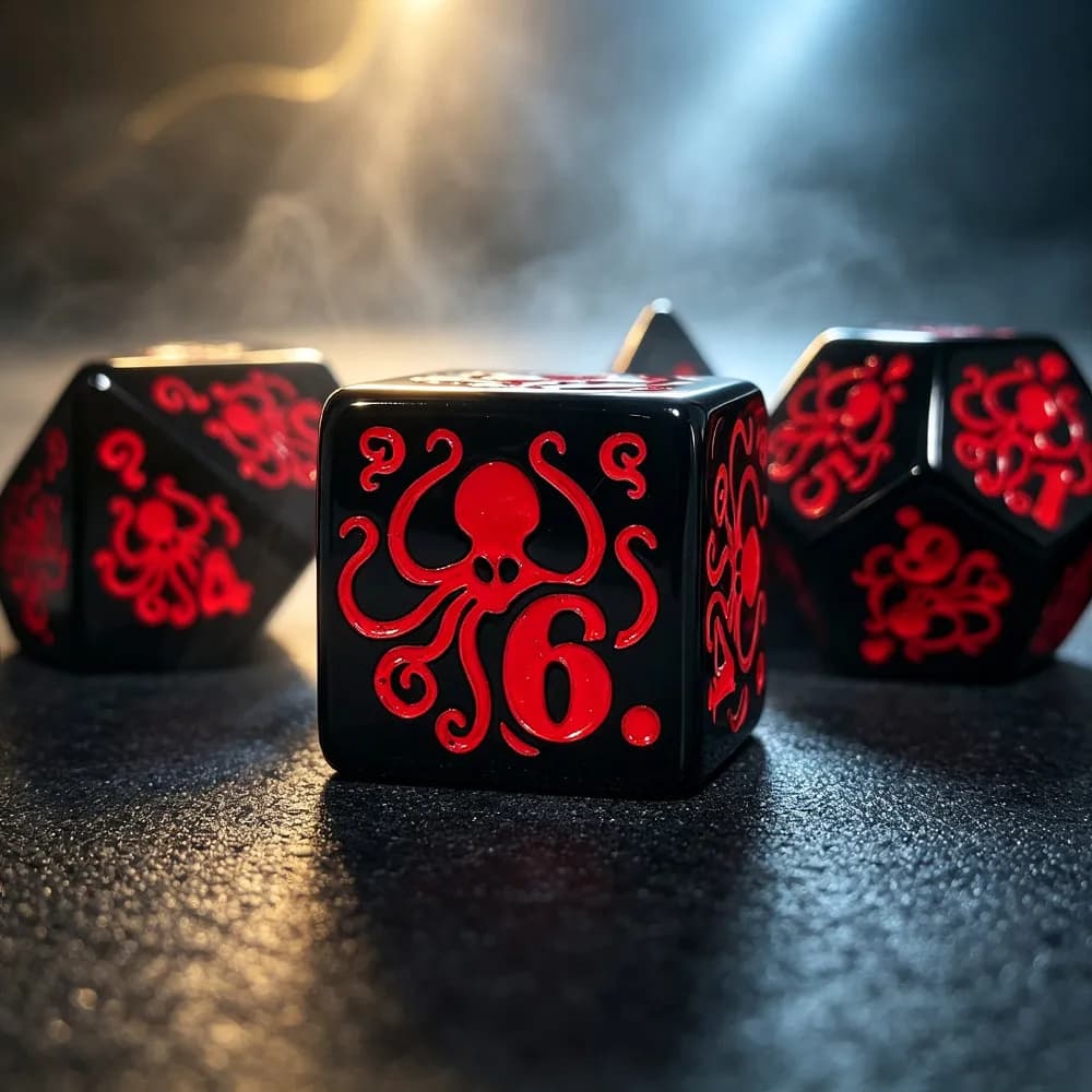 7Pcs Acrylic Dice Red Octopus Pattern Polyhedral DND RPG Tabletop Board Game Role‑Play Gaming Accessories