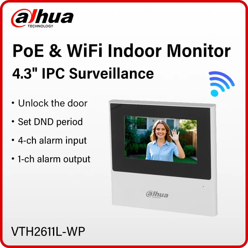 Dahua WiFi Monitor da interno Telecamera IP da 4,3 pollici Schermo di sorveglianza VTO Videocitofono Campanello Sistema PoE Full Digital VTH VTH2611L-WP