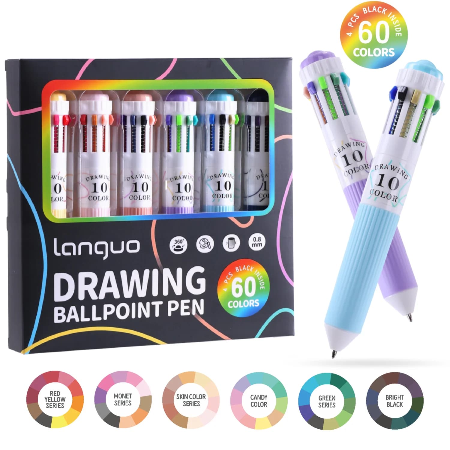 Penne Multicolore Languo 28/30/60 Colori, Penna a Sfera 10-in-1, Punta Fine 0,8mm, Scrittura Fluida, Penne Gel Retrattili