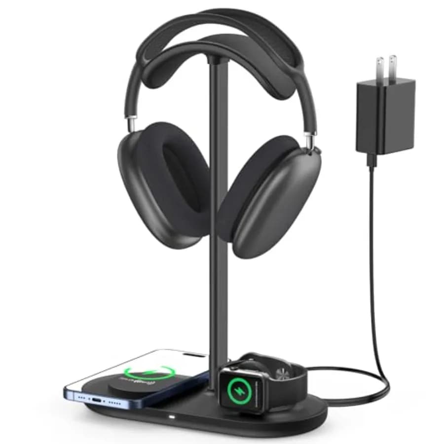 Supporto per cuffie 2-in-1 con caricabatterie wireless per iPhone/Apple Watch, in lega di alluminio, organizer da scrivania minimalista