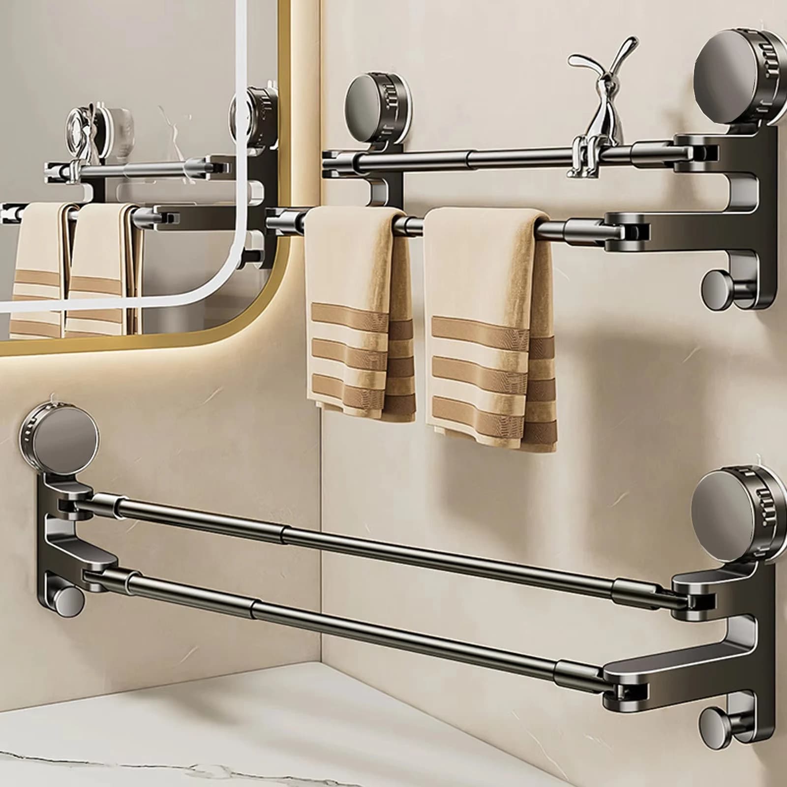 No Drill Suction Cup Towel Bar Rotatable Adjustable Aluminium Towel Rack With Hooks 50‑85cm Bathroom Shower Towel Holder