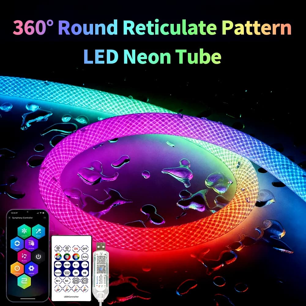 Striscia LED Flessibile in Silicone RGB Intelligente a 360 Gradi DC5V WS2812B WS2811 con Motivo Reticolare Rotondo, Effetto Neon, IP67 e Kit con Telecomando a 28 Tasti