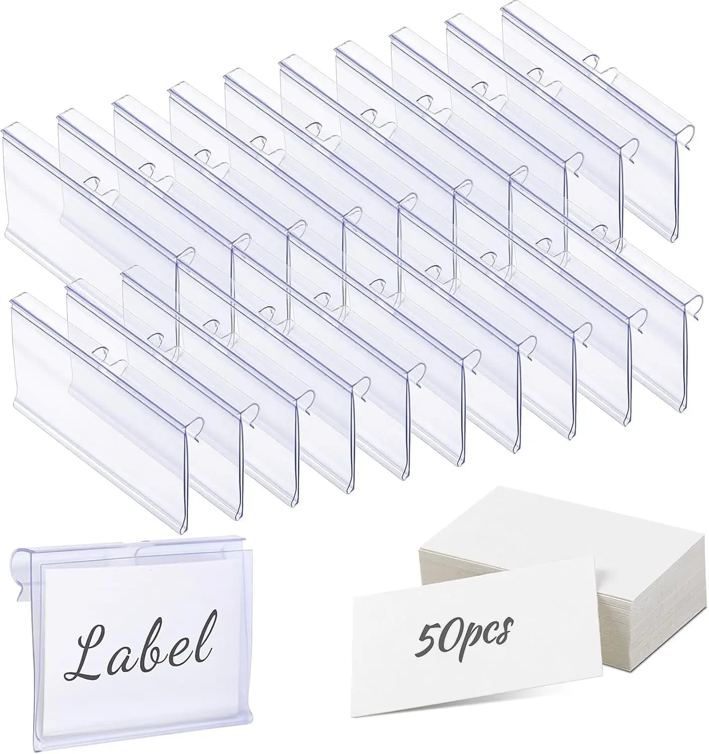 50 supporti per etichette in plastica trasparente per scaffali in filo metallico, include etichette in carta, chiusura sicura a scatto