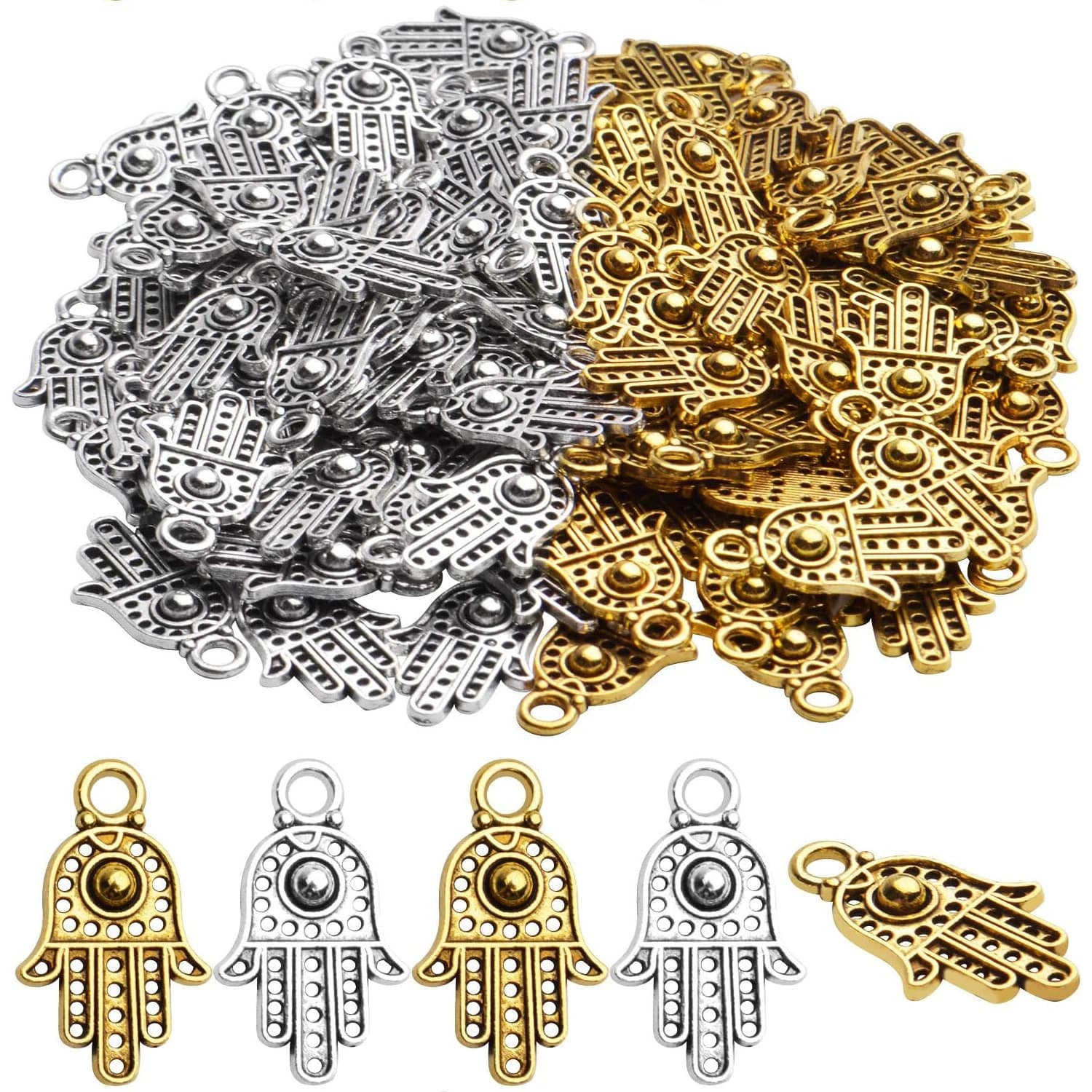 100 Pezzi Ciondoli Mano di Fatima Hamsa e Occhio di Allah in Filigrana per Creazione Gioielli Fai da Te Collane Bracciali Orecchini