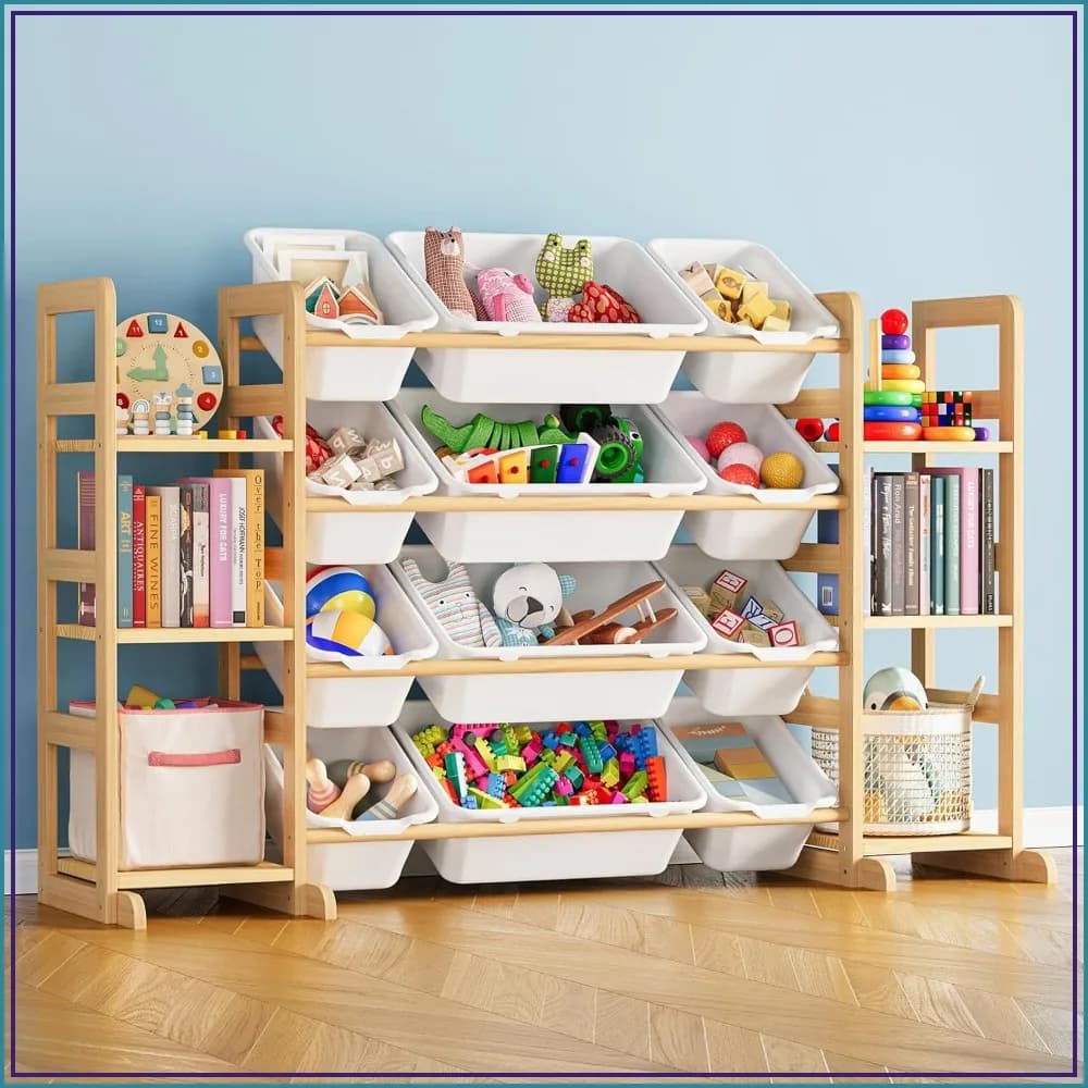 Toy Storage Organizer with 6 Shelves & 12 Bins, Bookshelf for Kids, White, 52.3" W