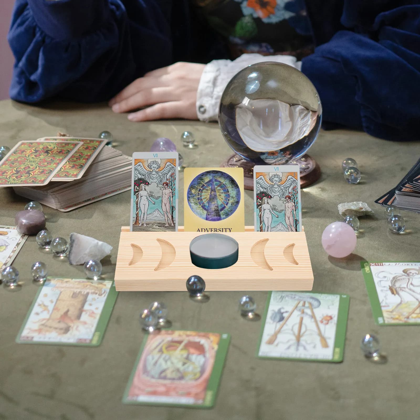 Porta Carte dei Tarocchi in Legno con Design Fasi Lunari, Supporto Rettangolare per Altare, per Divinazione, Rituali, Articoli Wiccan, Vassoio Decorativo per Cristalli