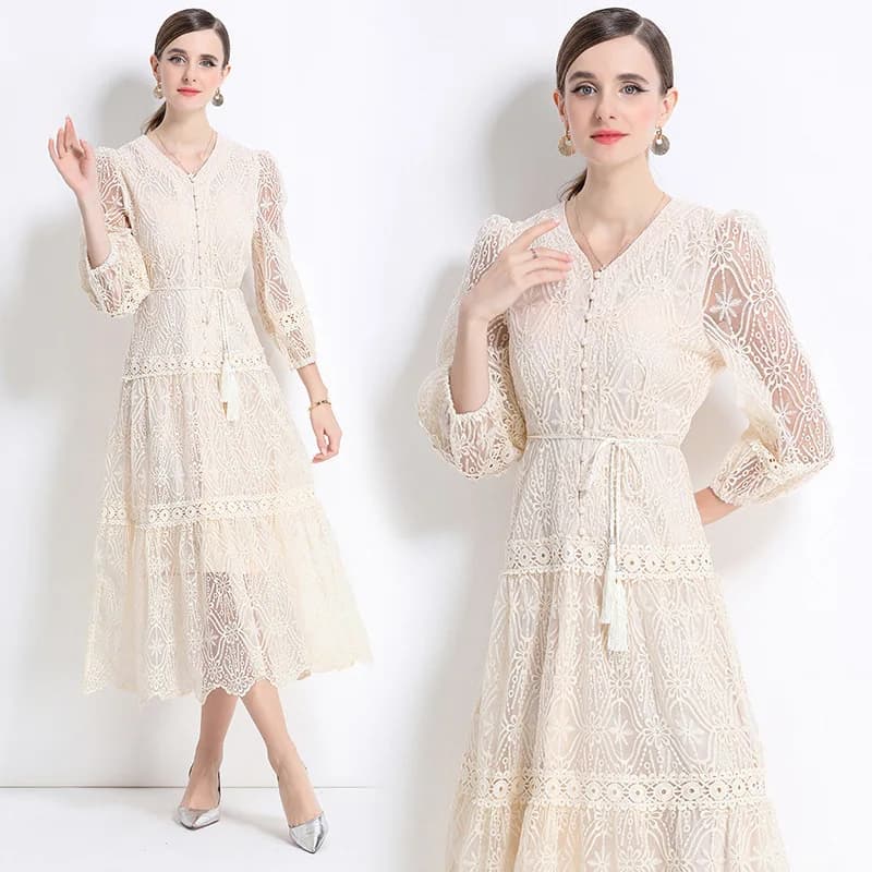 Elegant Long Dress Women's Summer in Lace with V Neckline, Lantern Sleeves, Single Button, Slender Effect, Fashion Chinese Style
