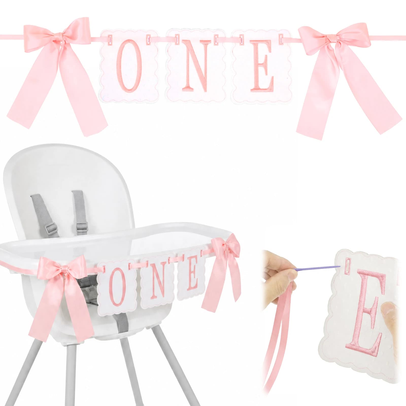 ONE High Chair Banner with Bow 1st Birthday Party Decor for Boy Girl High Chair Banner ONE High Chair Banner Embroidered Pastel