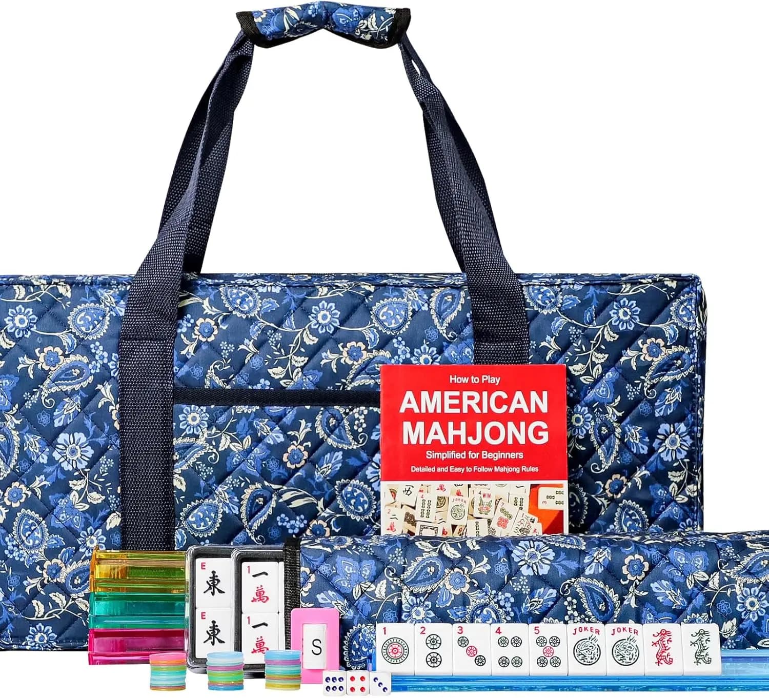 Set Mahjong Americano con Borsa Blu, 166 Tessere Bianche, 4 Supporti/Spingitori Tutto-in-Uno
