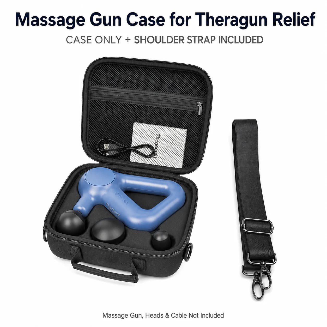 Massage Gun Case for Theragun Relief, Hard EVA Carrying Case with Molded Insert, 900D Oxford Fabric, Adjustable Shoulder Strap f