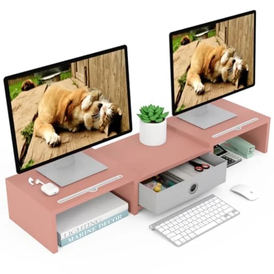 Dual 3 Shelf Computer Riser with Drawer, Adjustable Length and Angle, Desktop 2 Monitor Stand Storage Organizer