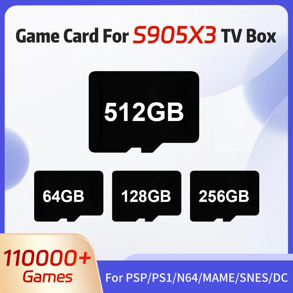 Scheda TF di gioco da 512 GB per console per videogiochi S905X3/Retro Fino a 110000 giochi 70+ emulatori per PSP/PS1/N64/MAME/SNES/DC/MD/NDS ecc.