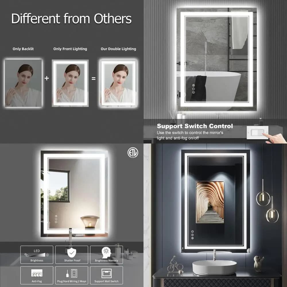 Specchio da Bagno Illuminato a LED, 24x36 Pollici, Specchio Retroilluminato con Funzione Antiappannamento e Luci Dimmerabili