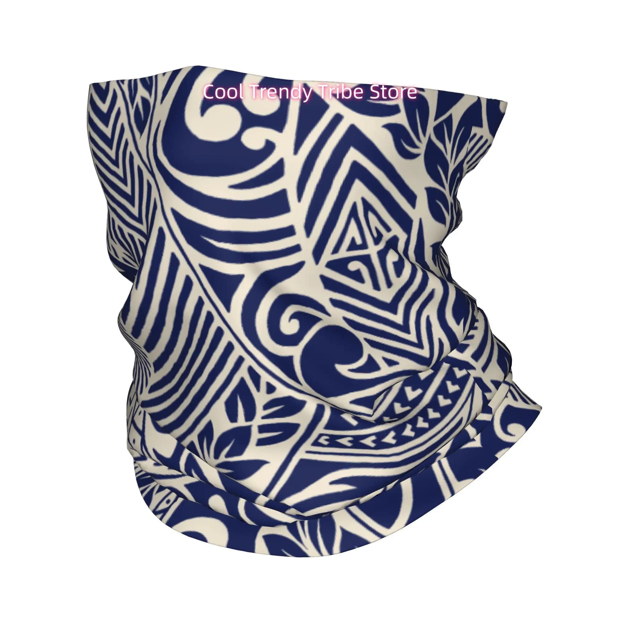 Bold Polynesian Tribal Pattern with Geometric Swirls in Navy Blue And Cream Novelty Head Scarf Bandana for Women Boho Floral Hai