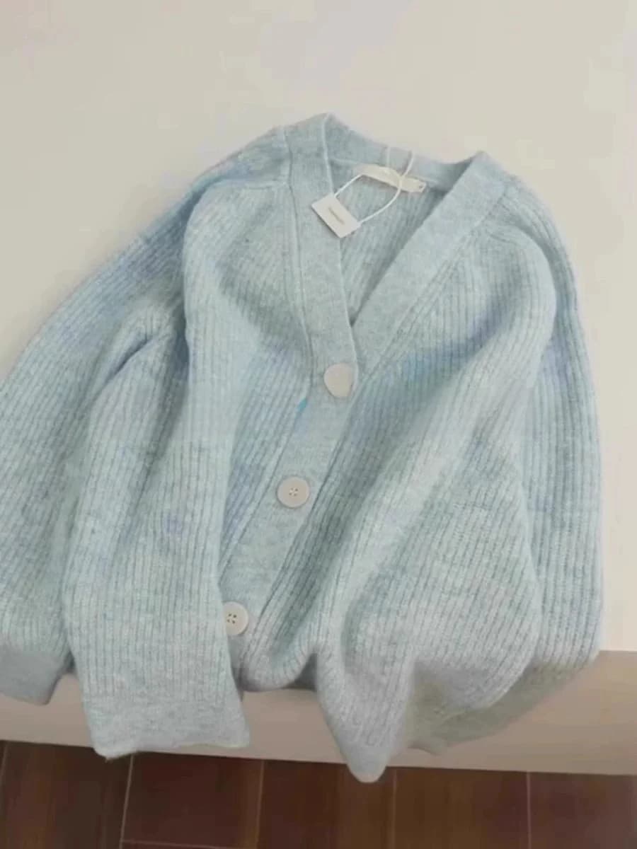 Soft Blue Gradient V-Neck Knitted Open Cardigan Women's Loose Comfortable Autumn Winter Sweater Jacket Super Beautiful