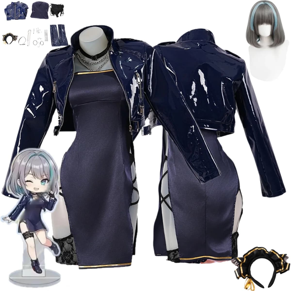 Anime Game Azur Lane HMS Cheshire Cosplay Costume Wig Blue Cheongsam PU Coat Dress Woman Sexy Carnival Halloween Suit