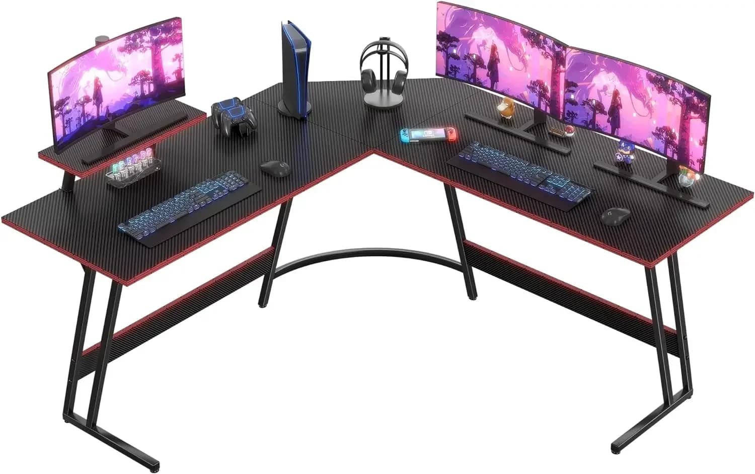 L Shaped Gaming Desk Computer Corner Desk PC Gaming Desk Table with Large Monitor Riser Stand for Home Office (Pink, 66 In)