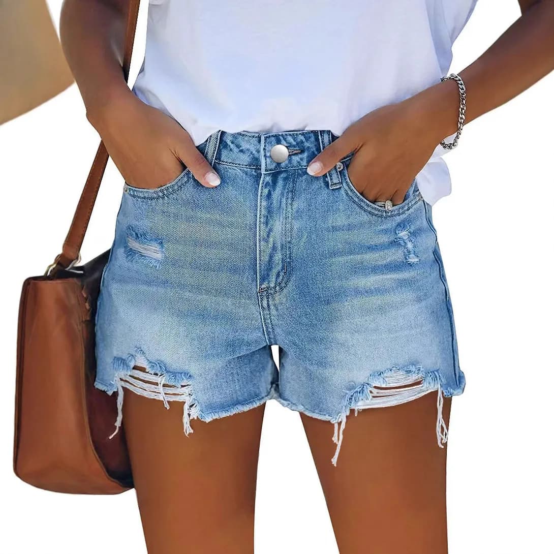 Denim Shorts Ripped Jeans bleached effect worn Women's Straight Trousers Jean High Waist Pockets Zipper Fly Casual